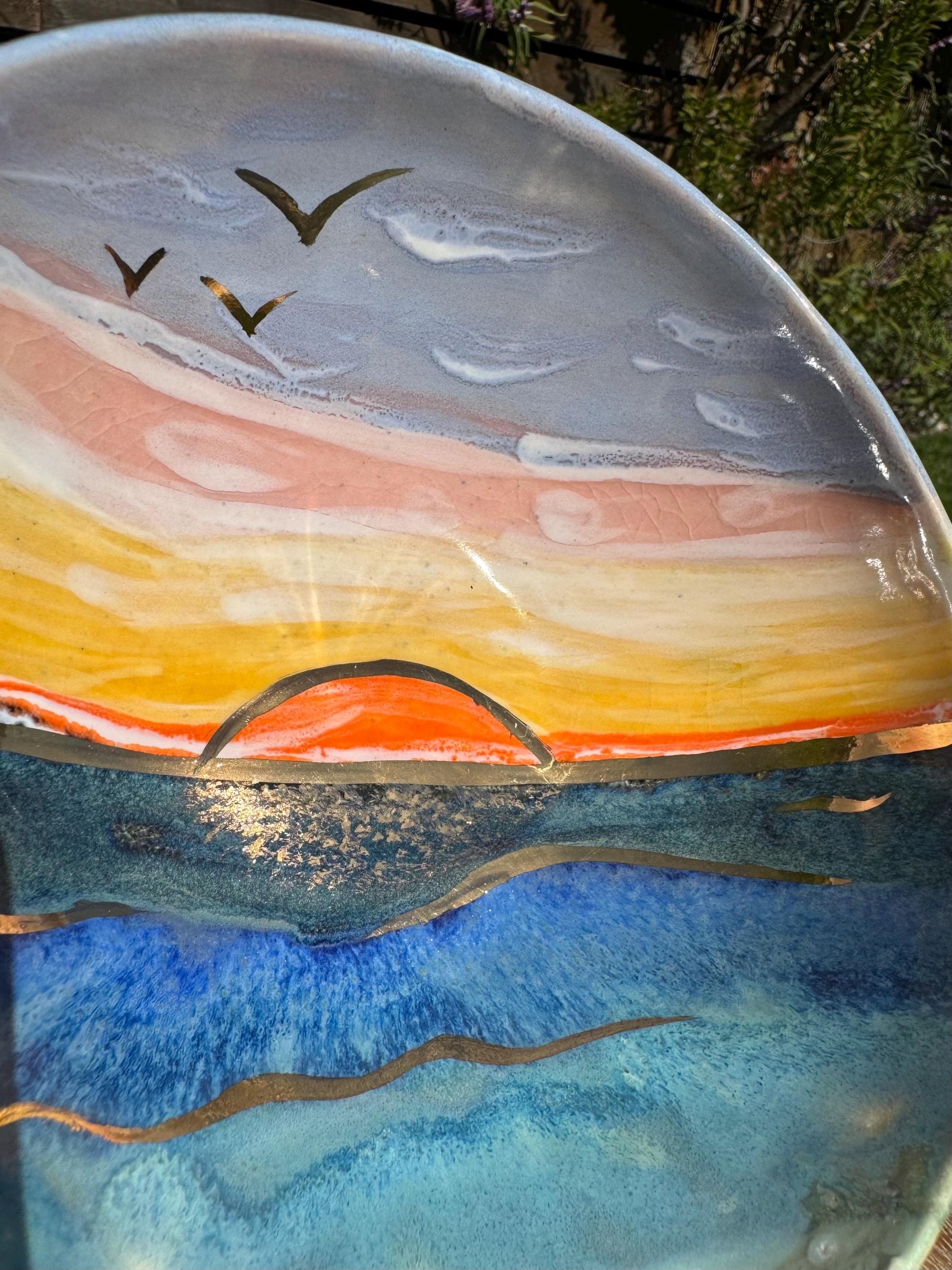 22K Golden Sunset Beach Bowl, Coastal Decor, Hand-Painted Glaze & 22 Karat Real Gold Functional Ceramic Art