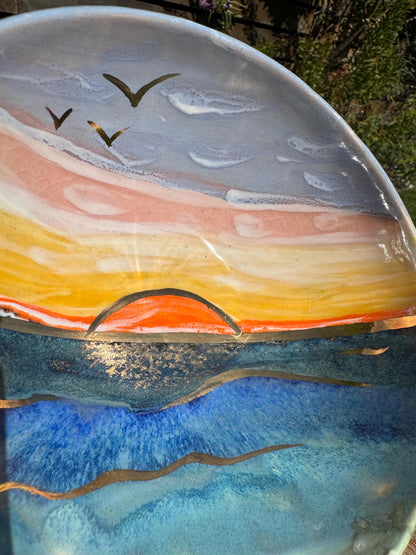 22K Golden Sunset Beach Bowl, Coastal Decor, Hand-Painted Glaze & 22 Karat Real Gold Functional Ceramic Art