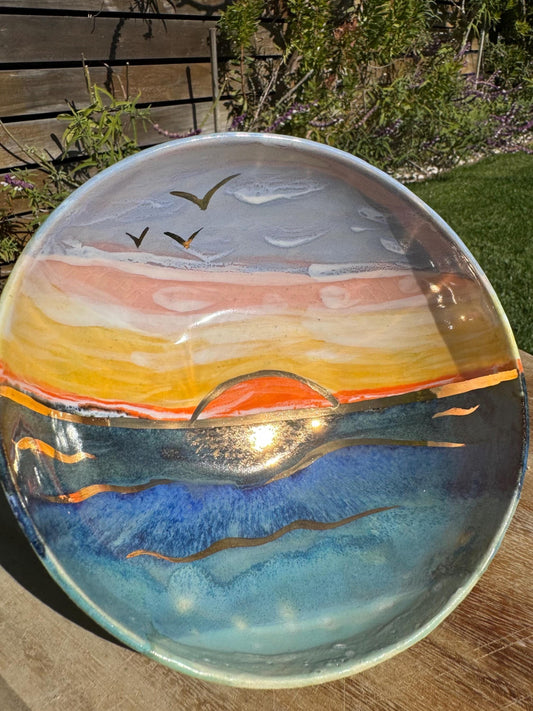 22K Golden Sunset Beach Bowl, Coastal Decor, Hand-Painted Glaze & 22 Karat Real Gold Functional Ceramic Art