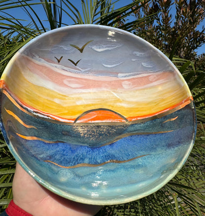 22K Golden Sunset Beach Bowl, Coastal Decor, Hand-Painted Glaze & 22 Karat Real Gold Functional Ceramic Art