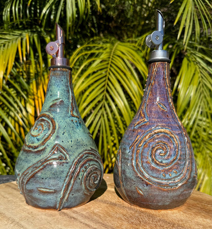 Olive Oil Vinegar Bottle Cruet, Hand-Carved Swirl “Tefiti” Design