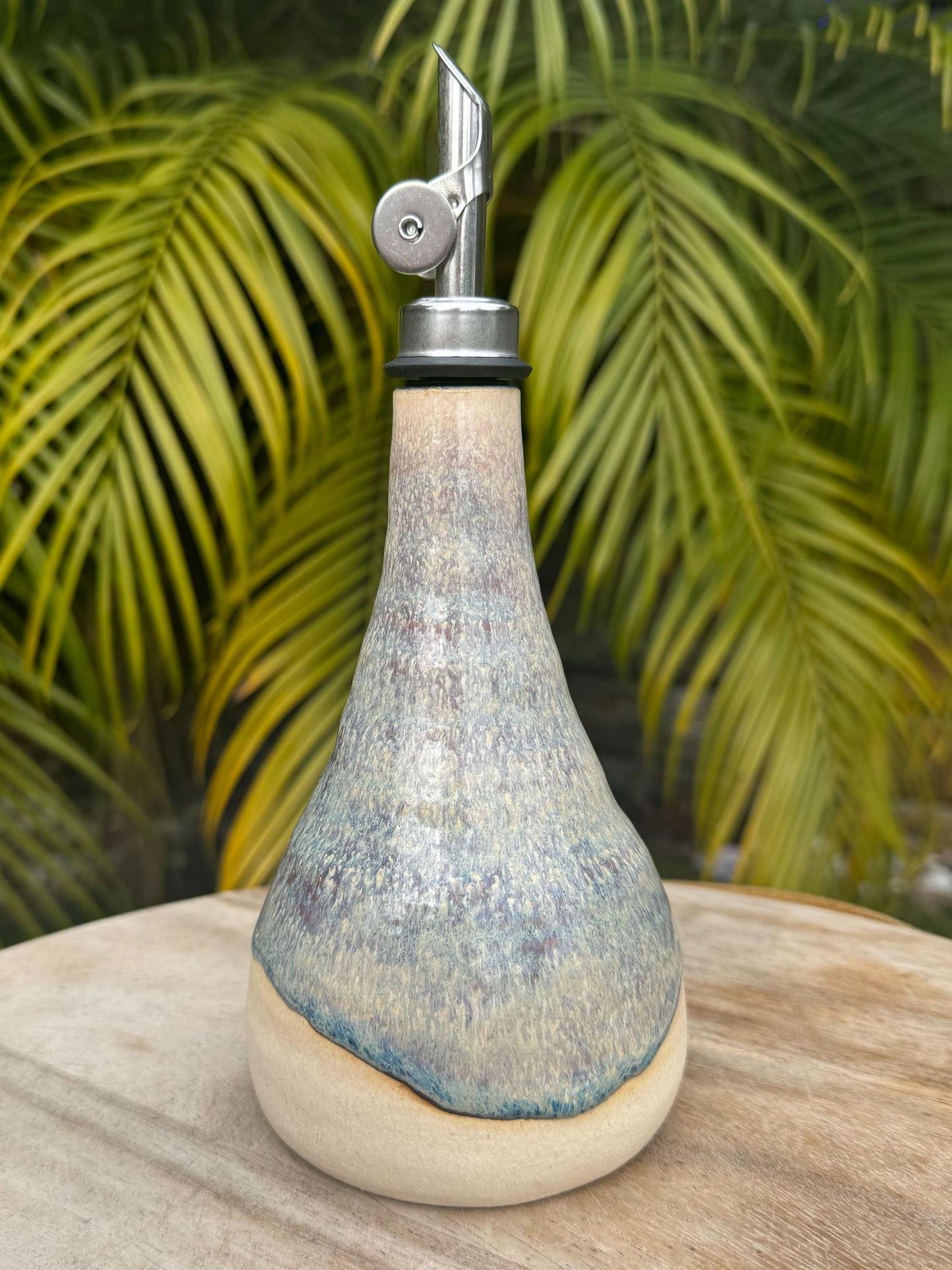 Olive Oil Vinegar Bottle Ceramic Cruet with Spout, Pressed Herbs & Lavender Floral, Beach Ocean