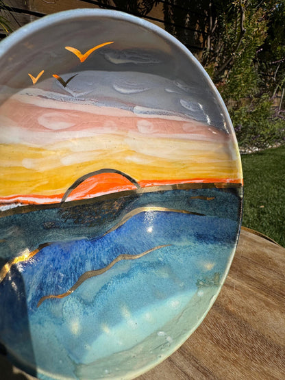 22K Golden Sunset Beach Bowl, Coastal Decor, Hand-Painted Glaze & 22 Karat Real Gold Functional Ceramic Art
