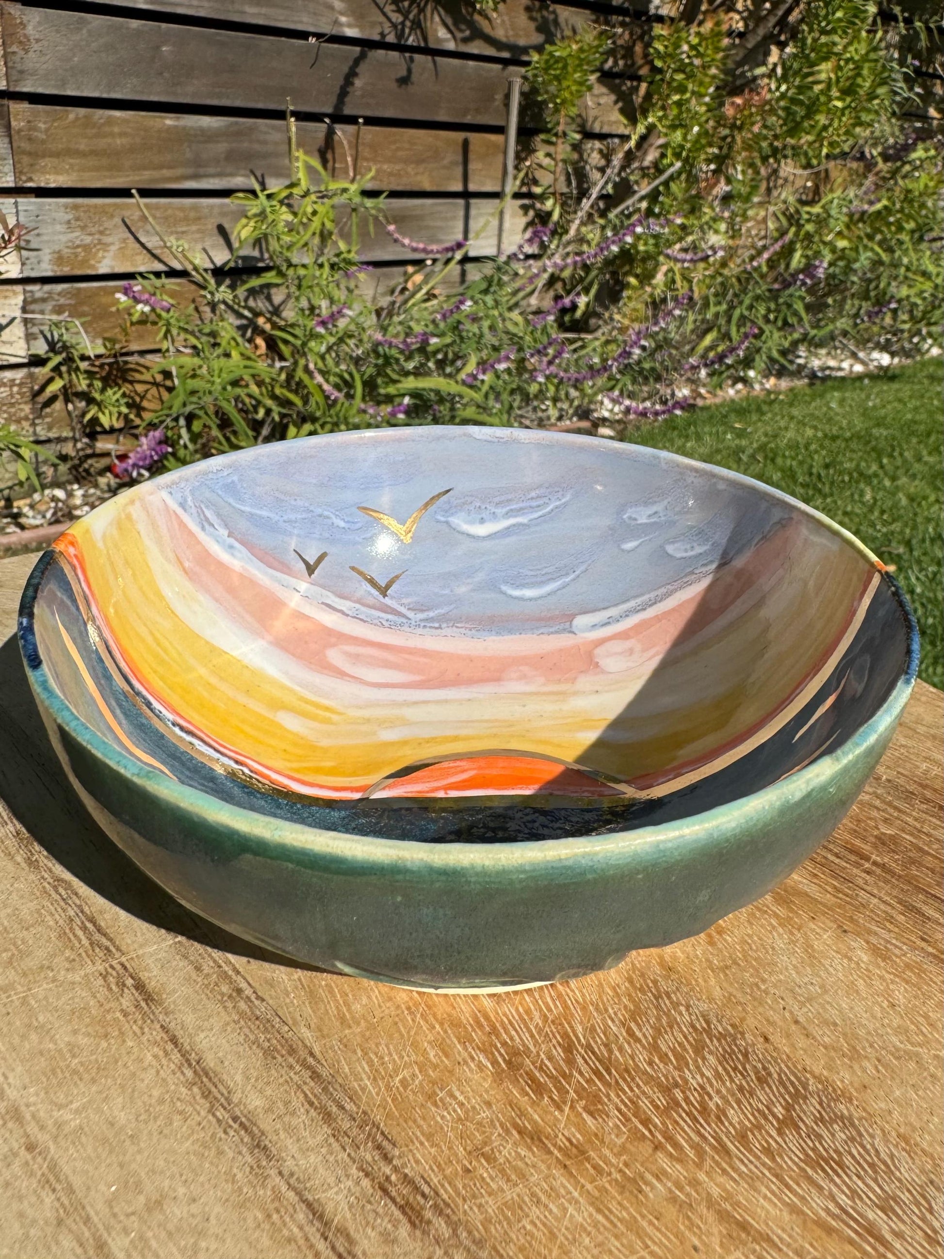 22K Golden Sunset Beach Bowl, Coastal Decor, Hand-Painted Glaze & 22 Karat Real Gold Functional Ceramic Art