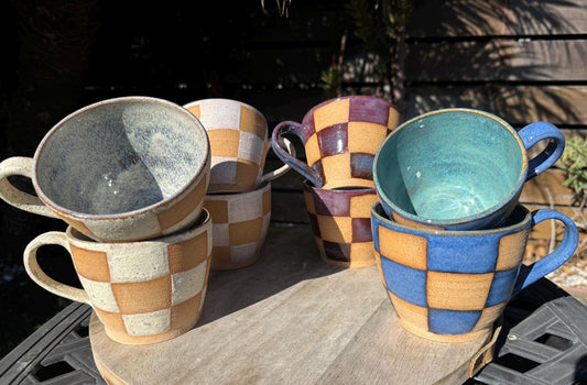 Checkered Speckle Sand Mugs, White, Sangria, Blue, Comfortable Handles, 16 oz Cup, Handpainted Wax Resist