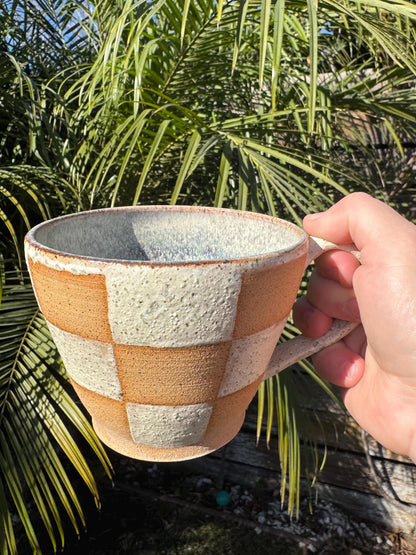 Checkered Speckle Sand Mugs, White, Sangria, Blue, Comfortable Handles, 16 oz Cup, Handpainted Wax Resist