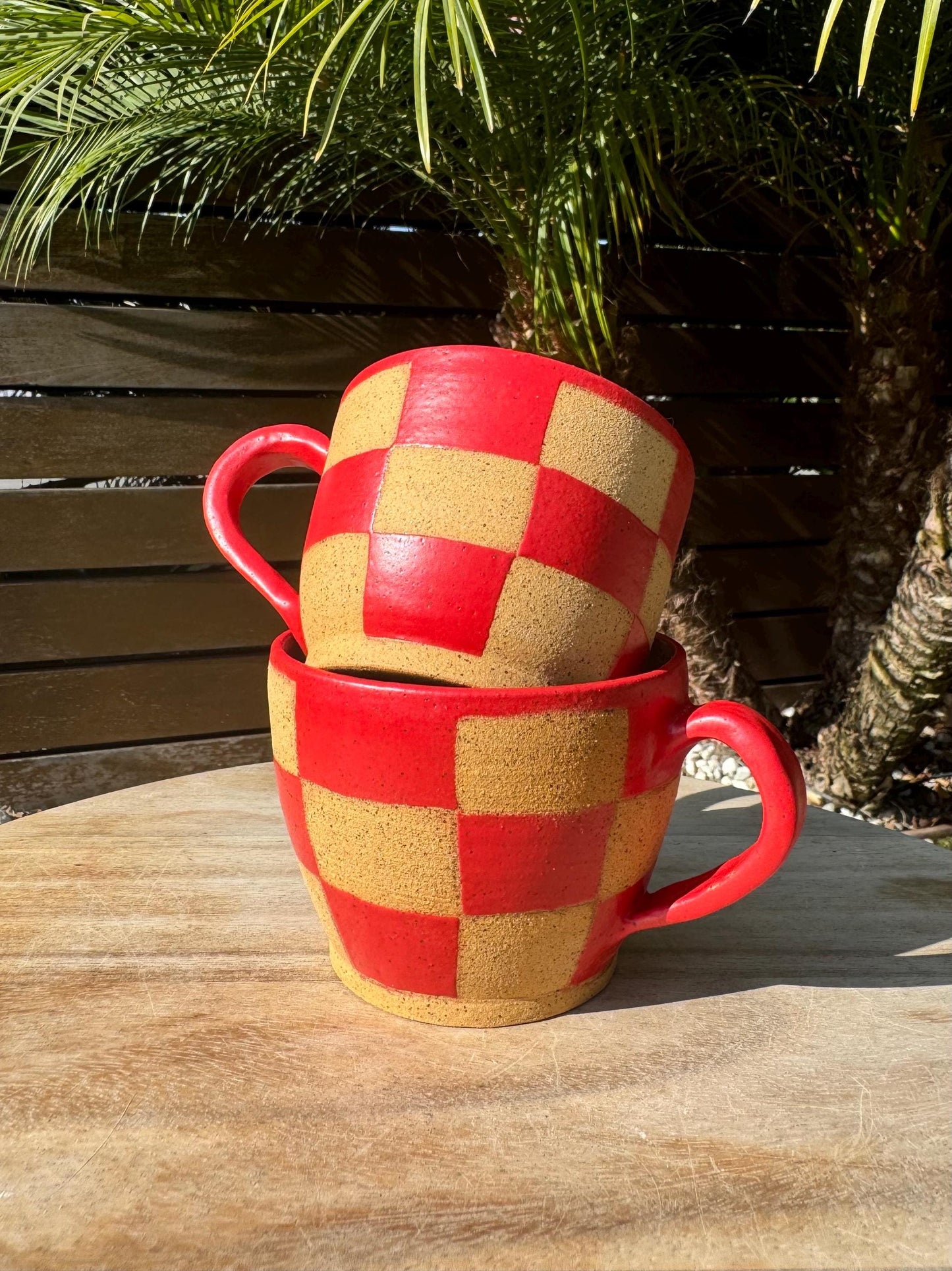Checkered Speckle Sand Mugs, White, Sangria, Blue, Comfortable Handles, 16 oz Cup, Handpainted Wax Resist