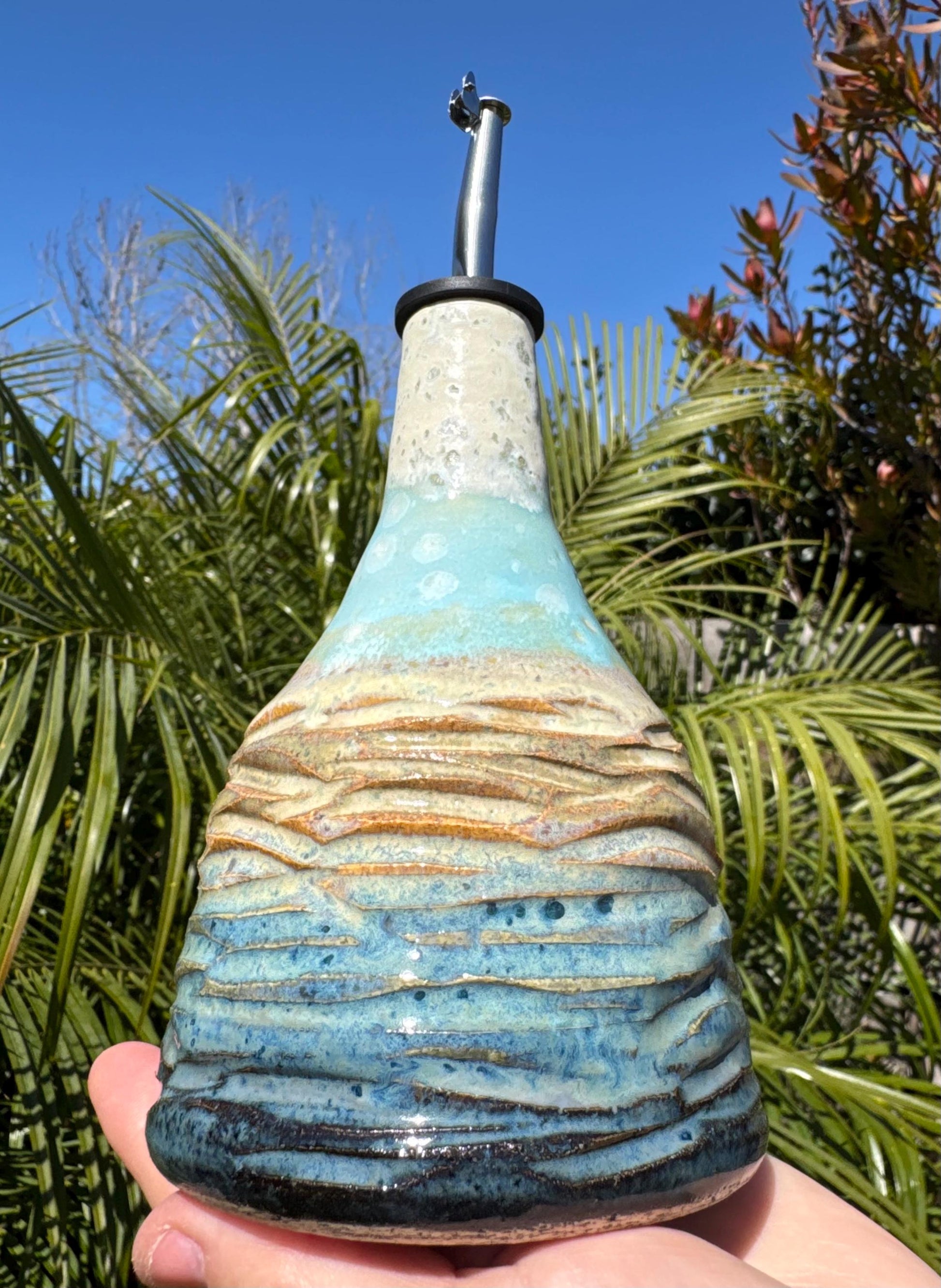 Olive Oil Vinegar Bottle Ceramic Cruet with Spout, Pressed Herbs & Lavender Floral, Beach Ocean