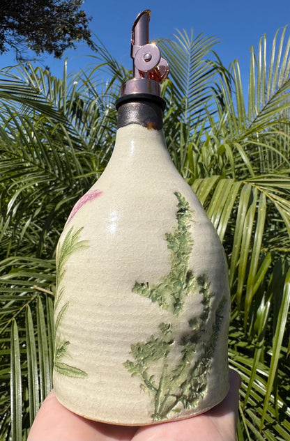 Olive Oil Vinegar Bottle Ceramic Cruet with Spout, Pressed Herbs & Lavender Floral, Beach Ocean
