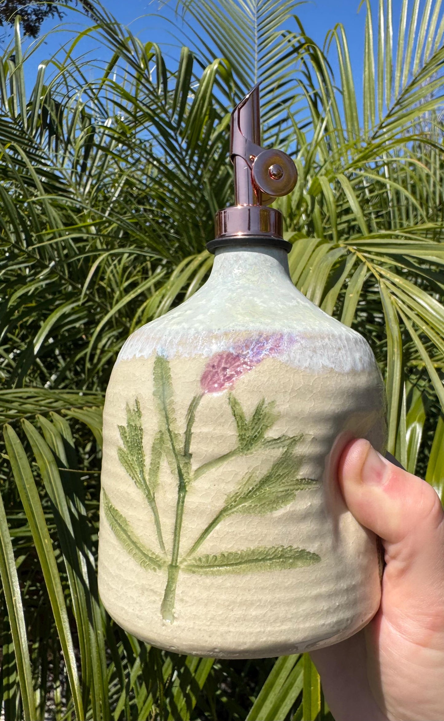 Olive Oil Vinegar Bottle Ceramic Cruet with Spout, Pressed Herbs & Lavender Floral, Beach Ocean