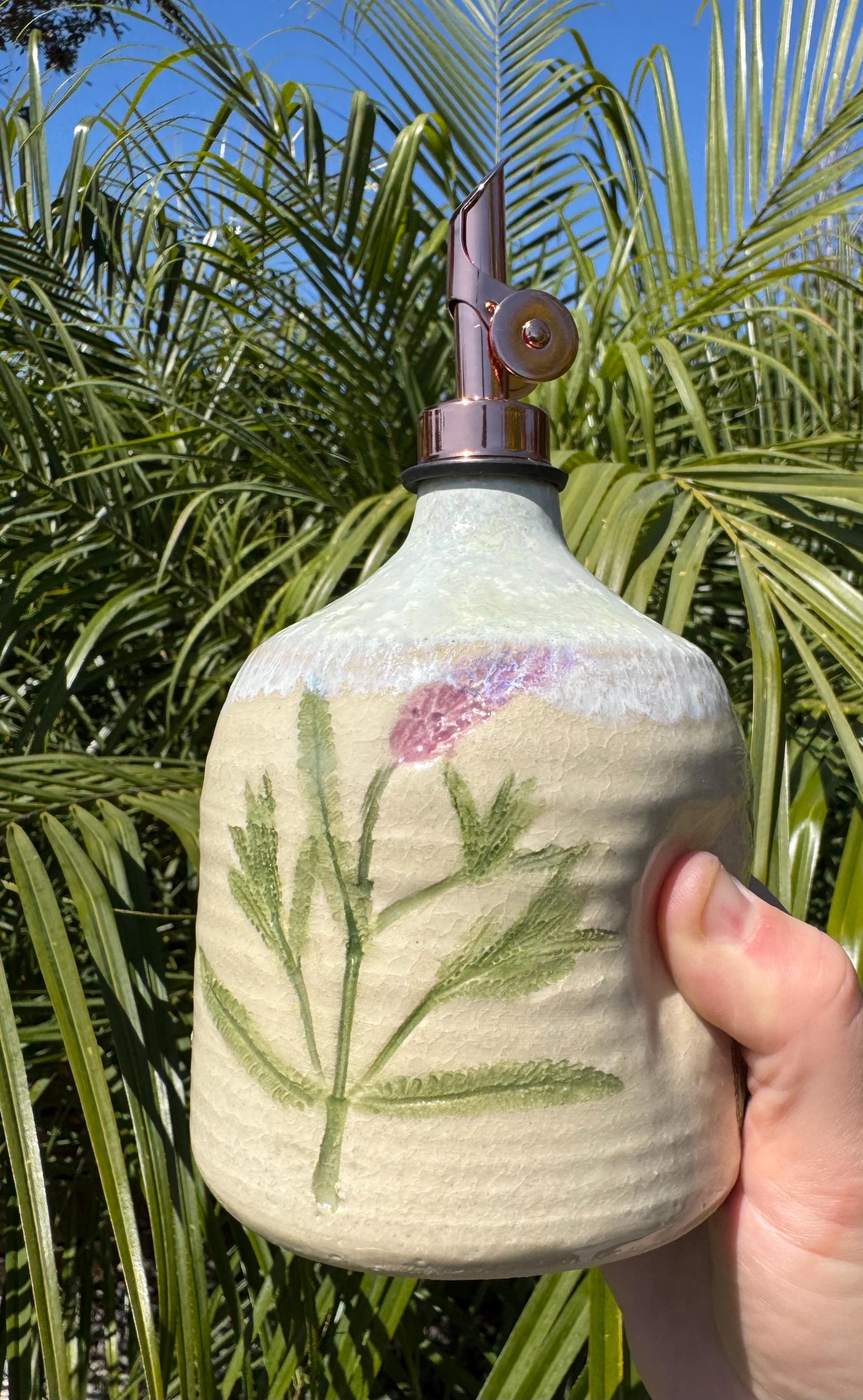 Olive Oil Vinegar Bottle Ceramic Cruet with Spout, Pressed Herbs & Lavender Floral, Beach Ocean