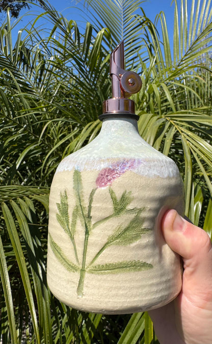 Olive Oil Vinegar Bottle Ceramic Cruet with Spout, Pressed Herbs & Lavender Floral, Beach Ocean