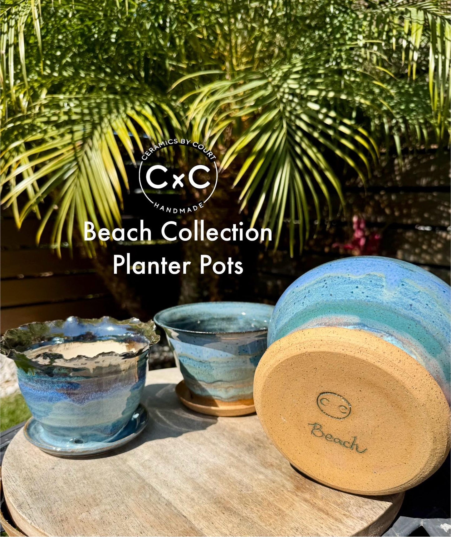 Planter Pots with Built-in Saucers & Drainage Holes, Ocean inspired Glazed Ceramics