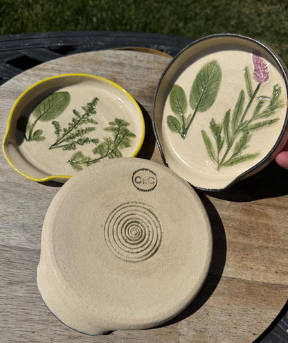 Handmade Spoon Rests with Pressed Lavender & Herb Plants, Hand-Painted Ceramic Wheel-thrown Pottery