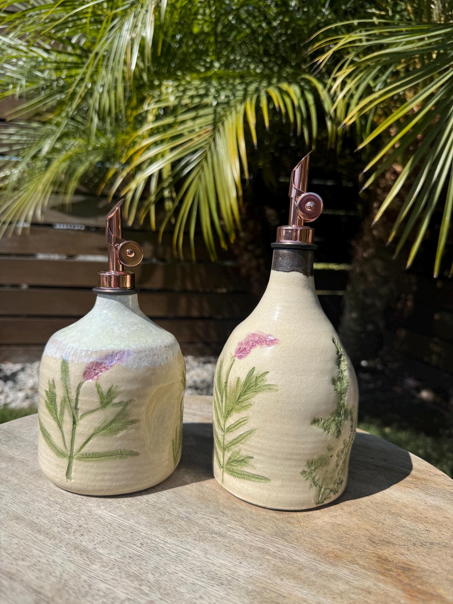 Olive Oil Vinegar Bottle Ceramic Cruet with Spout, Pressed Herbs & Lavender Floral, Beach Ocean