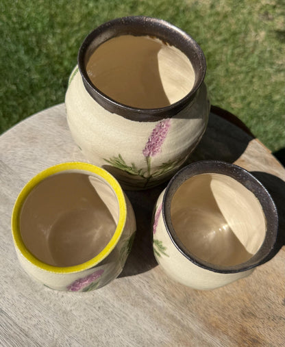 Floral Handmade Ceramic Vases, Pressed Lavender & Herbs, Hand-painted, 22K gold — Wheel-thrown Stoneware Pottery