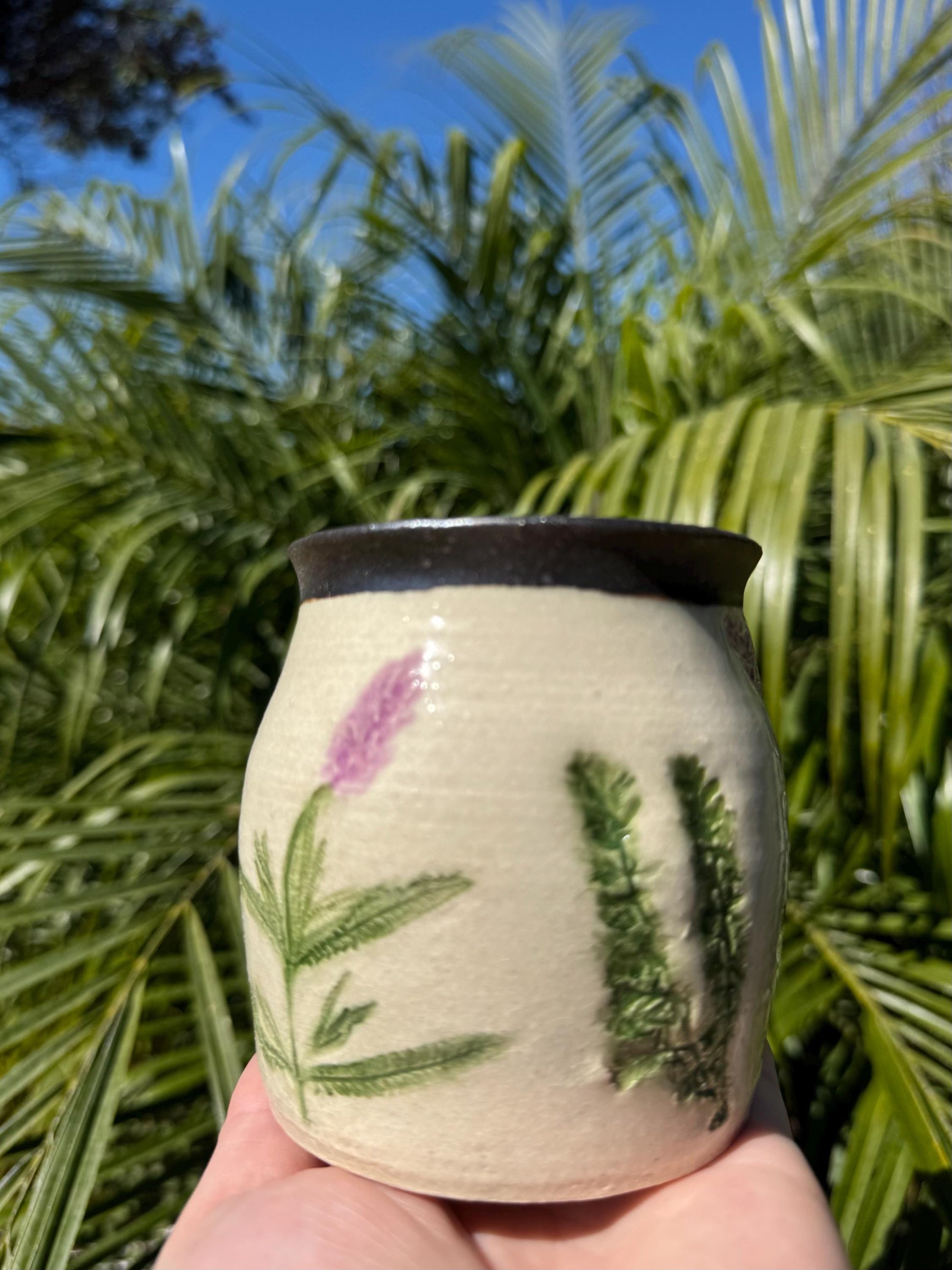 Floral Handmade Ceramic Vases, Pressed Lavender & Herbs, Hand-painted, 22K gold — Wheel-thrown Stoneware Pottery