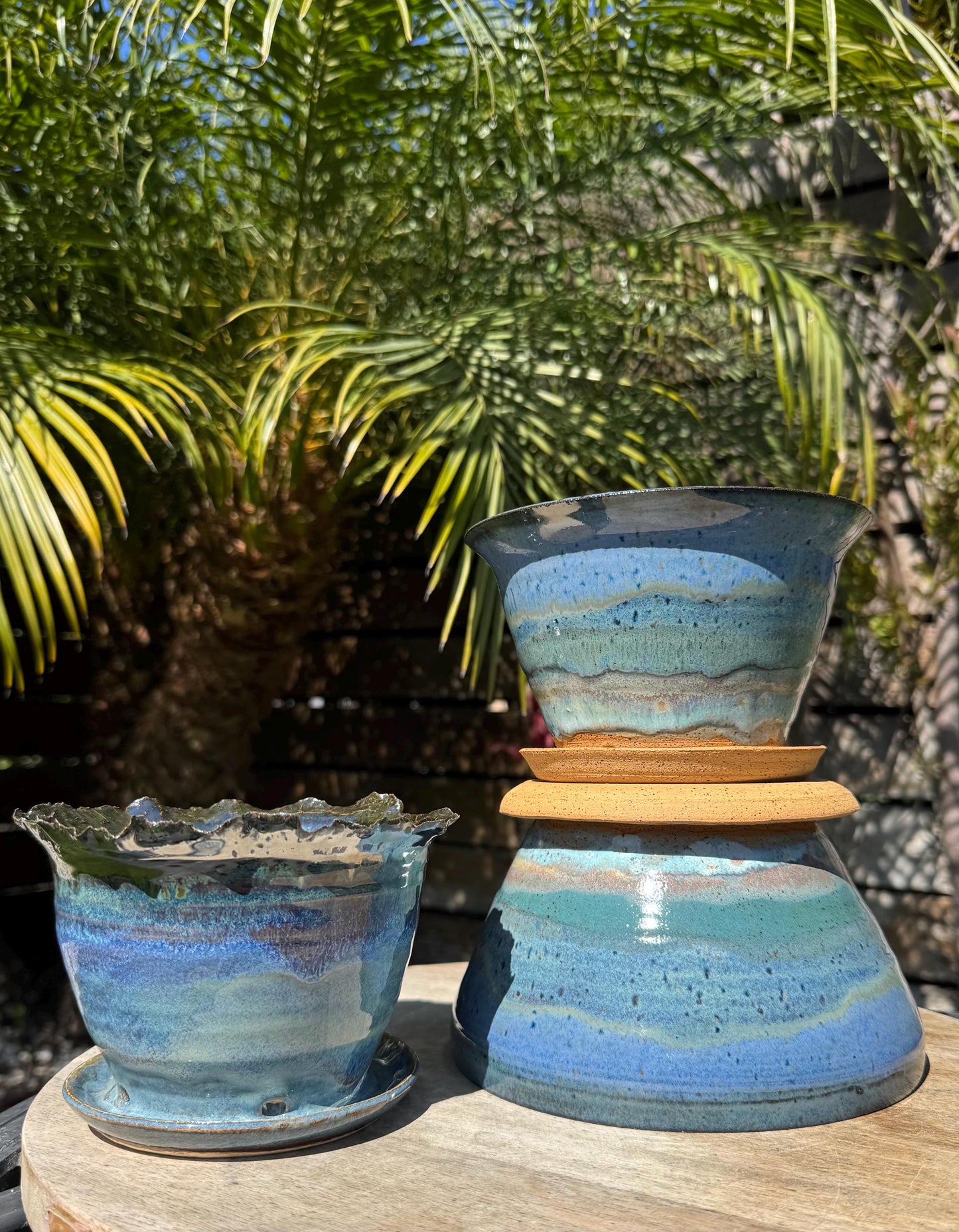 Planter Pots with Built-in Saucers & Drainage Holes, Ocean inspired Glazed Ceramics