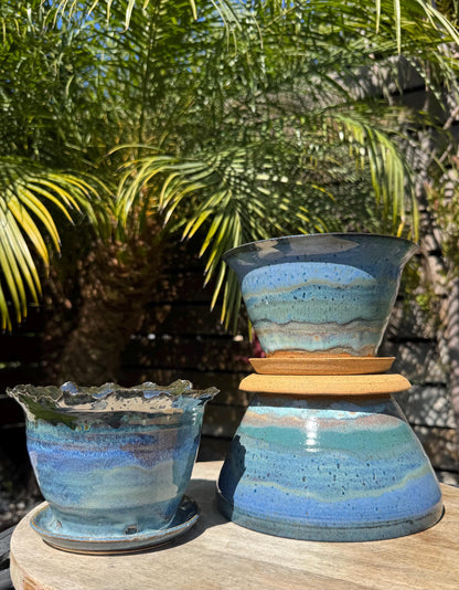 Planter Pots with Built-in Saucers & Drainage Holes, Ocean inspired Glazed Ceramics