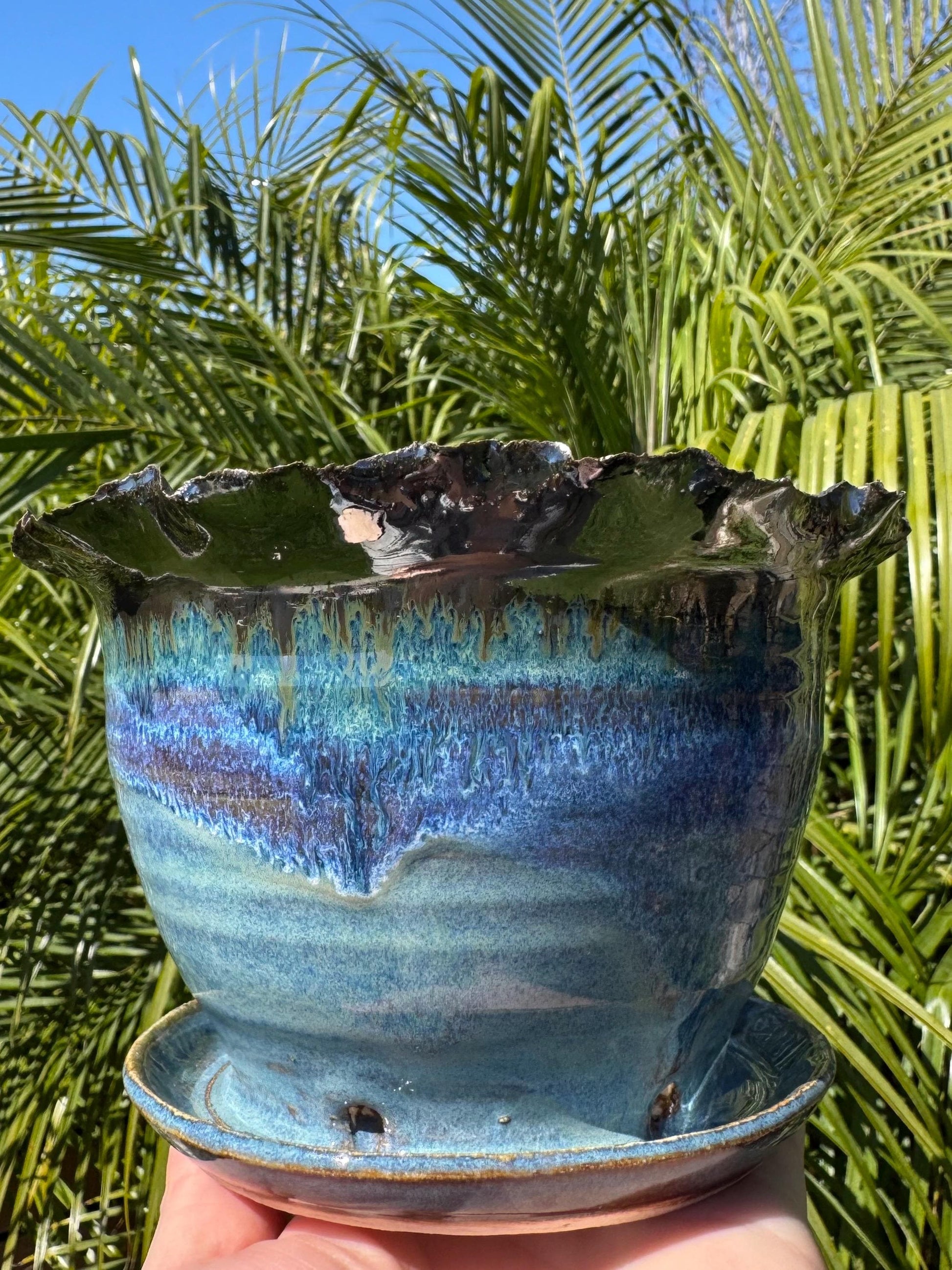 Planter Pots with Built-in Saucers & Drainage Holes, Ocean inspired Glazed Ceramics