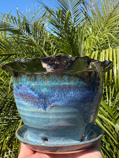 Planter Pots with Built-in Saucers & Drainage Holes, Ocean inspired Glazed Ceramics