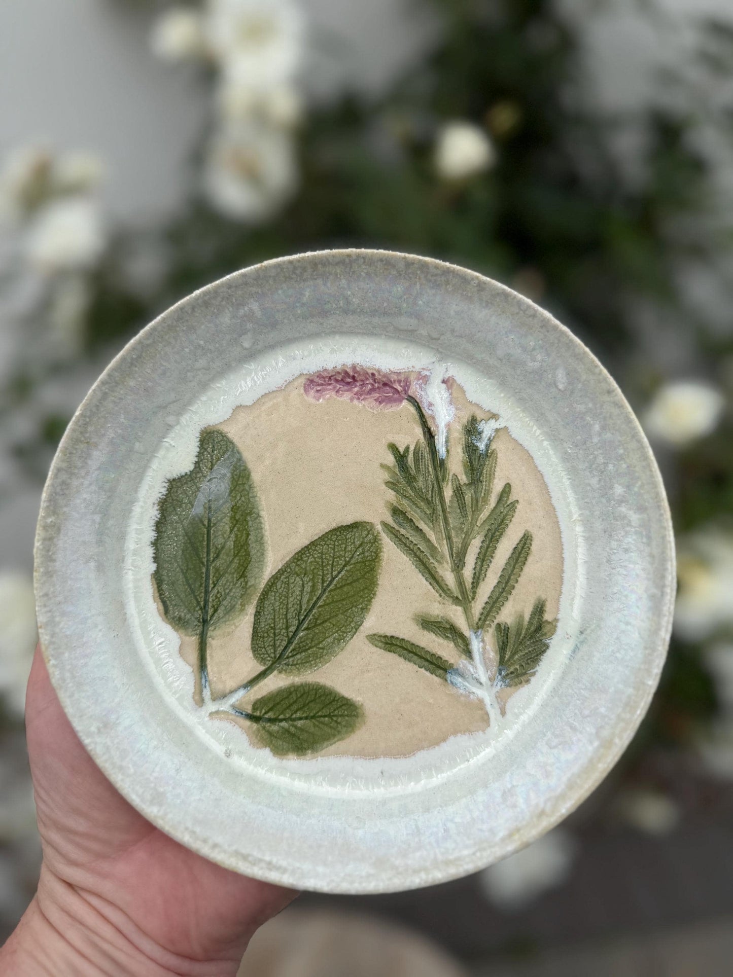 Handmade Hand-painted Stoneware Plate: Pressed Lavender and Herbs