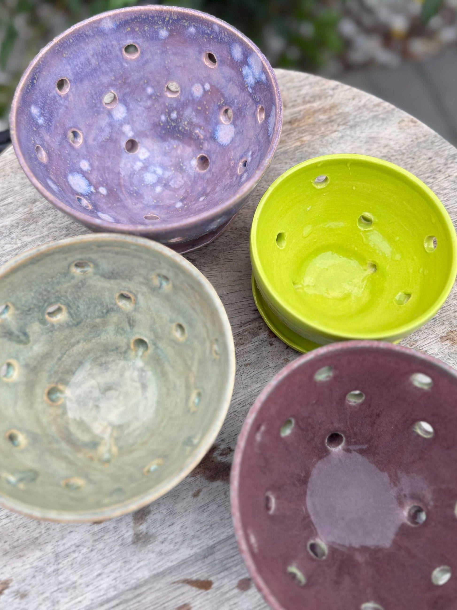 Colander Berry Bowl with Built-in Saucer, Pottery
