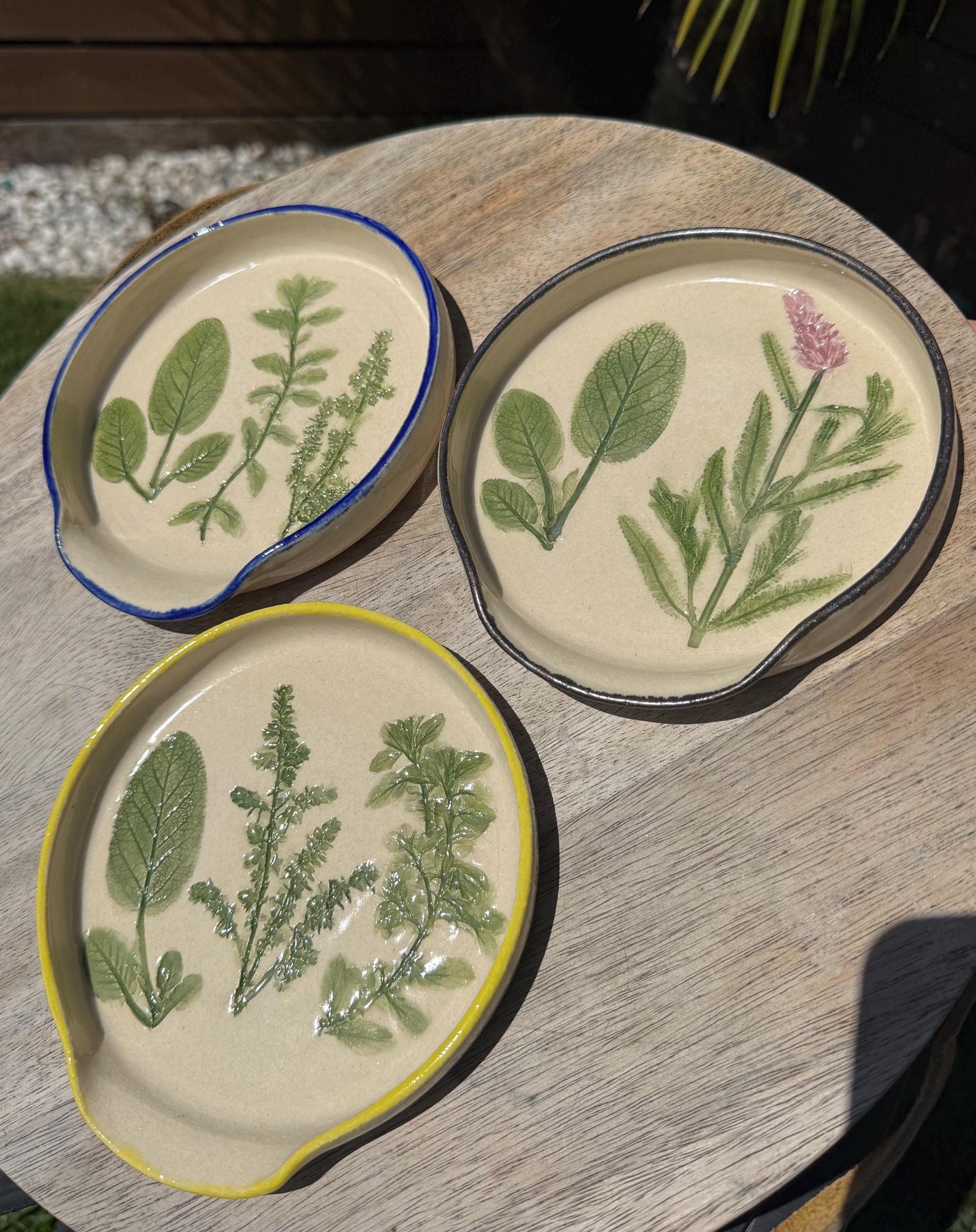 Handmade Spoon Rests with Pressed Lavender & Herb Plants, Hand-Painted Ceramic Wheel-thrown Pottery