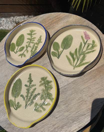 Handmade Spoon Rests with Pressed Lavender & Herb Plants, Hand-Painted Ceramic Wheel-thrown Pottery