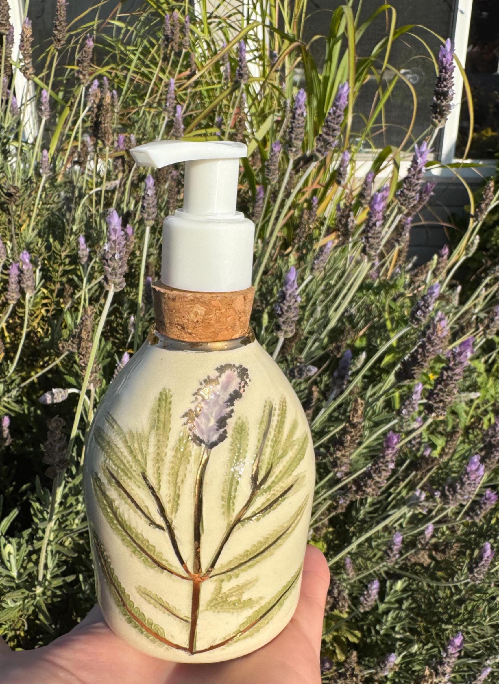 Liquid Soap or Lotion Dispensers, Hand-Pressed & Painted Lavender Floral and Herbs