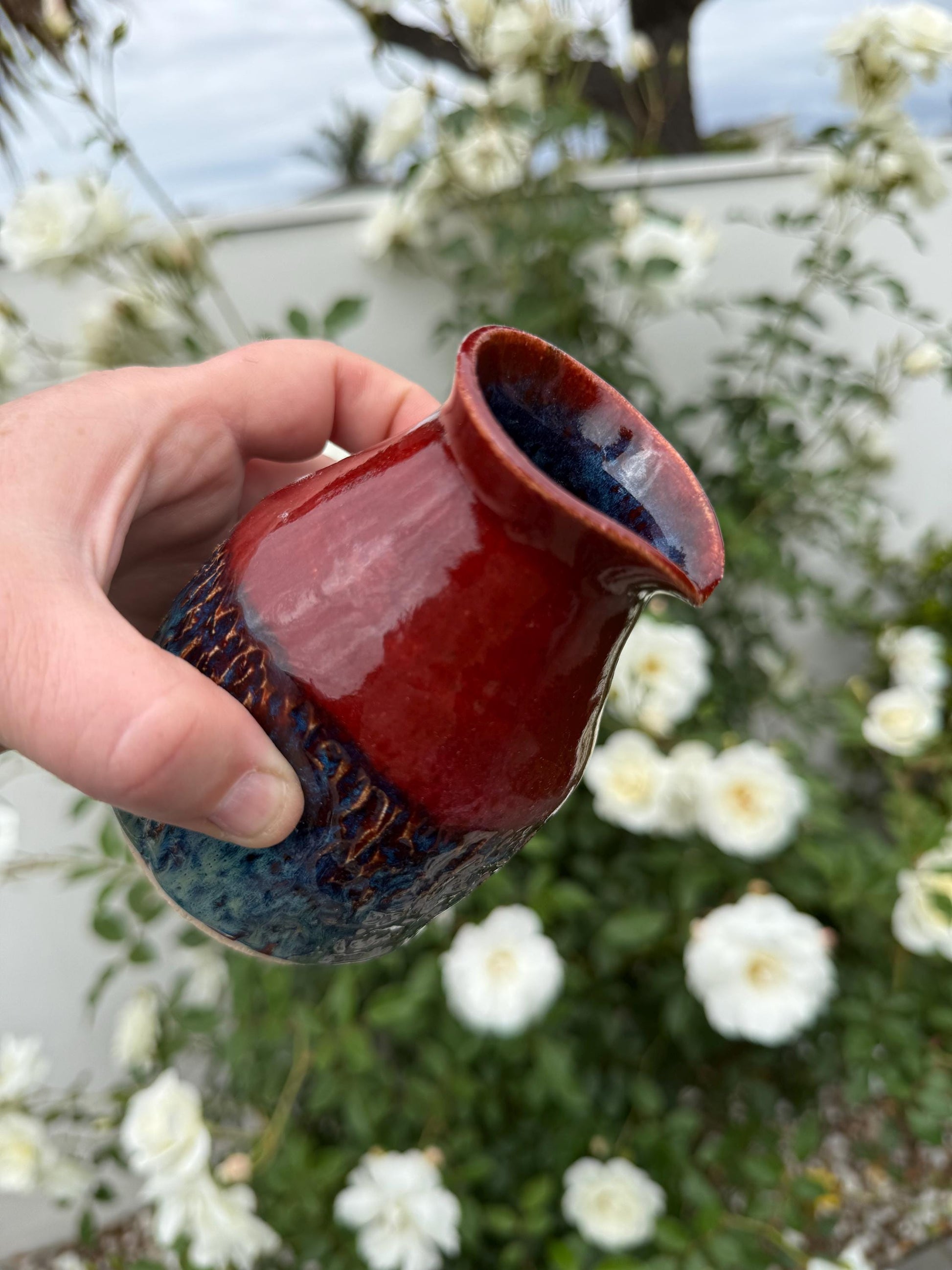 Sake Set with dripless carafe + 4 cups, Sunset Flash, Hand-carved Hand-painted Ceramic