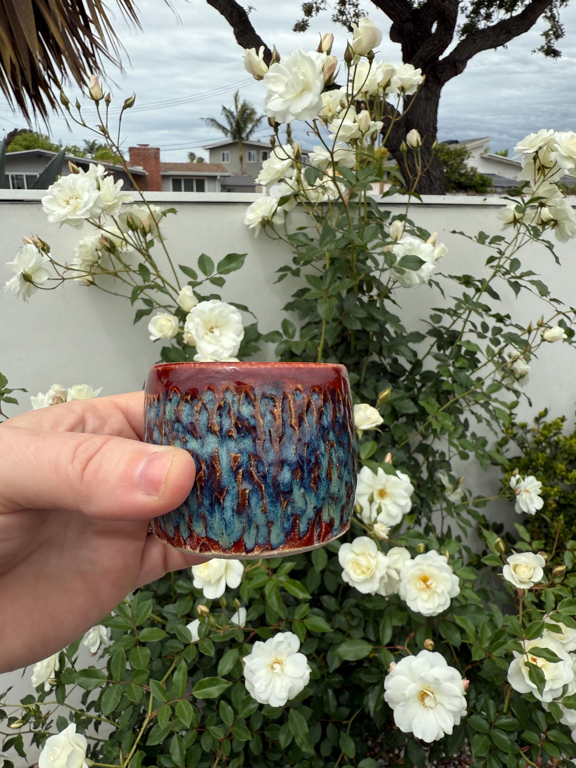 Sake Set with dripless carafe + 4 cups, Sunset Flash, Hand-carved Hand-painted Ceramic