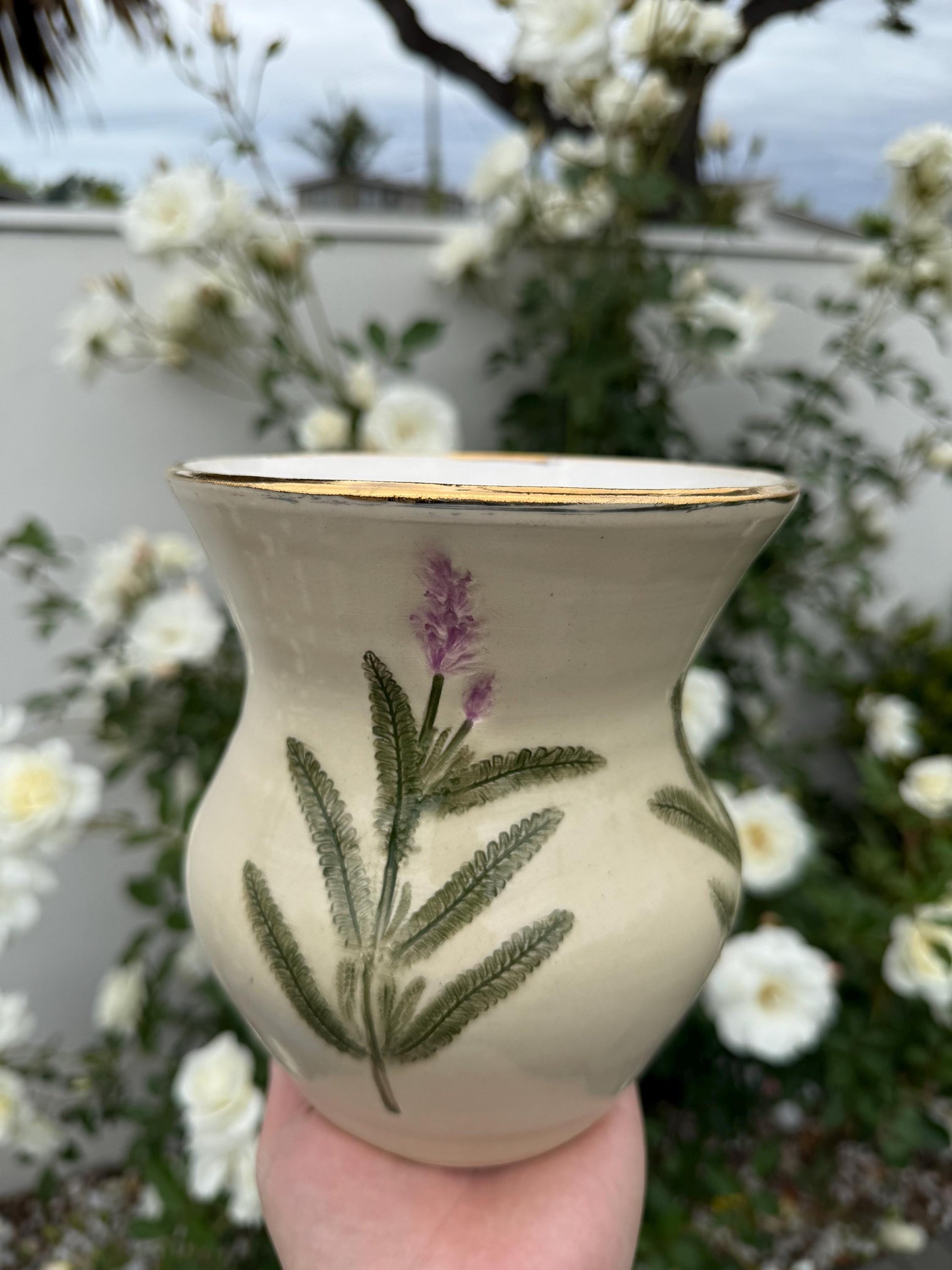 Vases with Pressed Lavender & Herbs Plant Impressions and Hand-Painted 22 Karat Gold