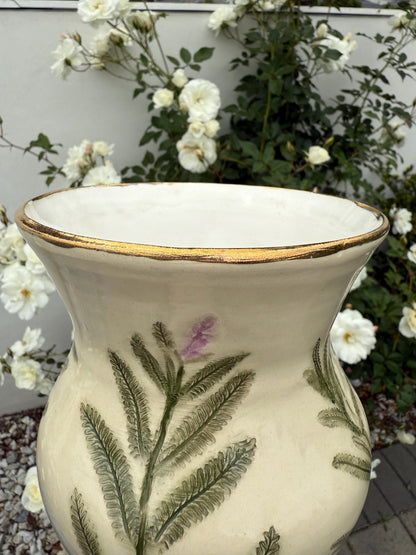 Floral Handmade Ceramic Vases, Pressed Lavender & Herbs, Hand-painted, 22K gold — Wheel-thrown Stoneware Pottery