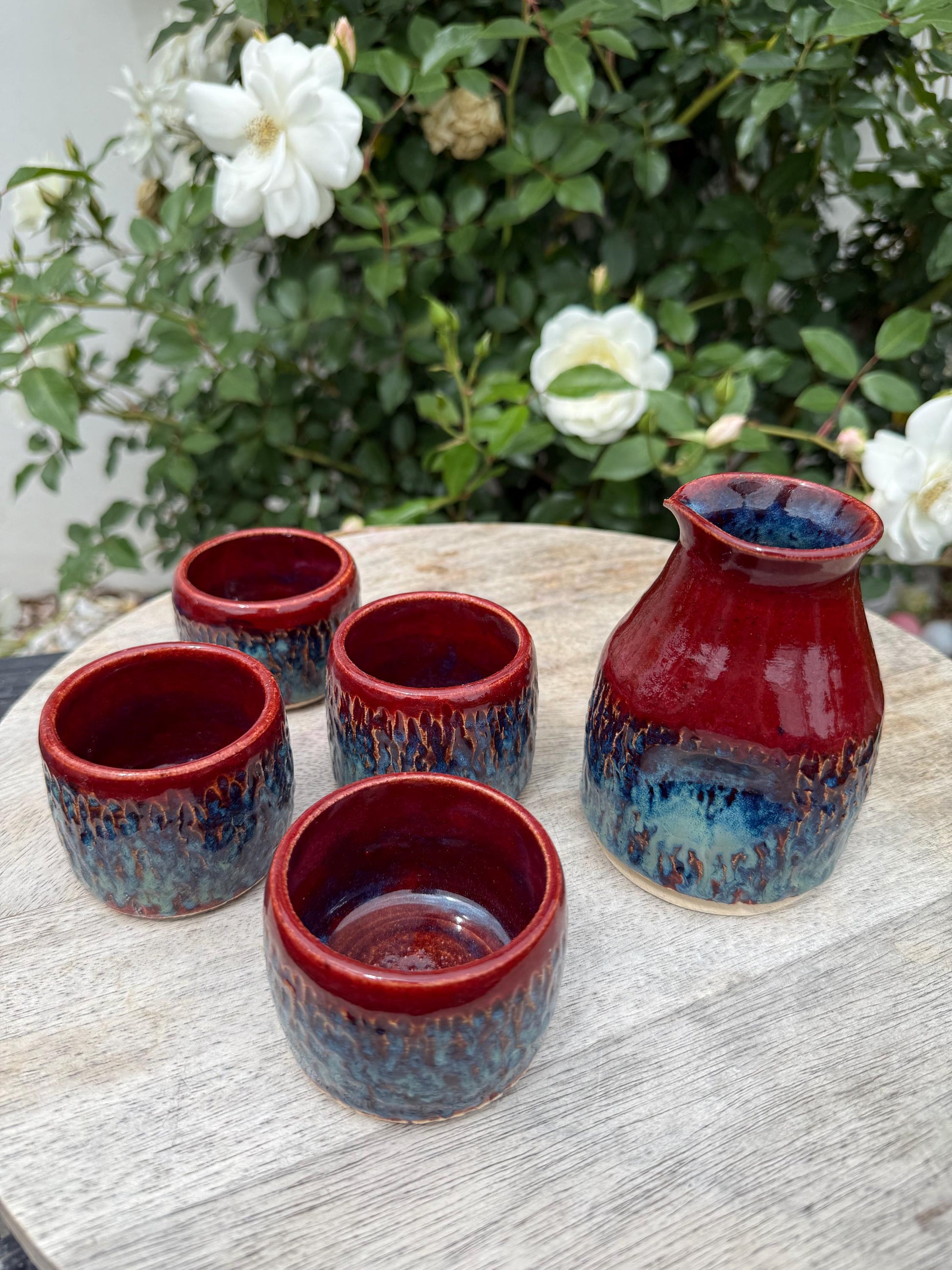 Sake Set with dripless carafe + 4 cups, Sunset Flash, Hand-carved Hand-painted Ceramic