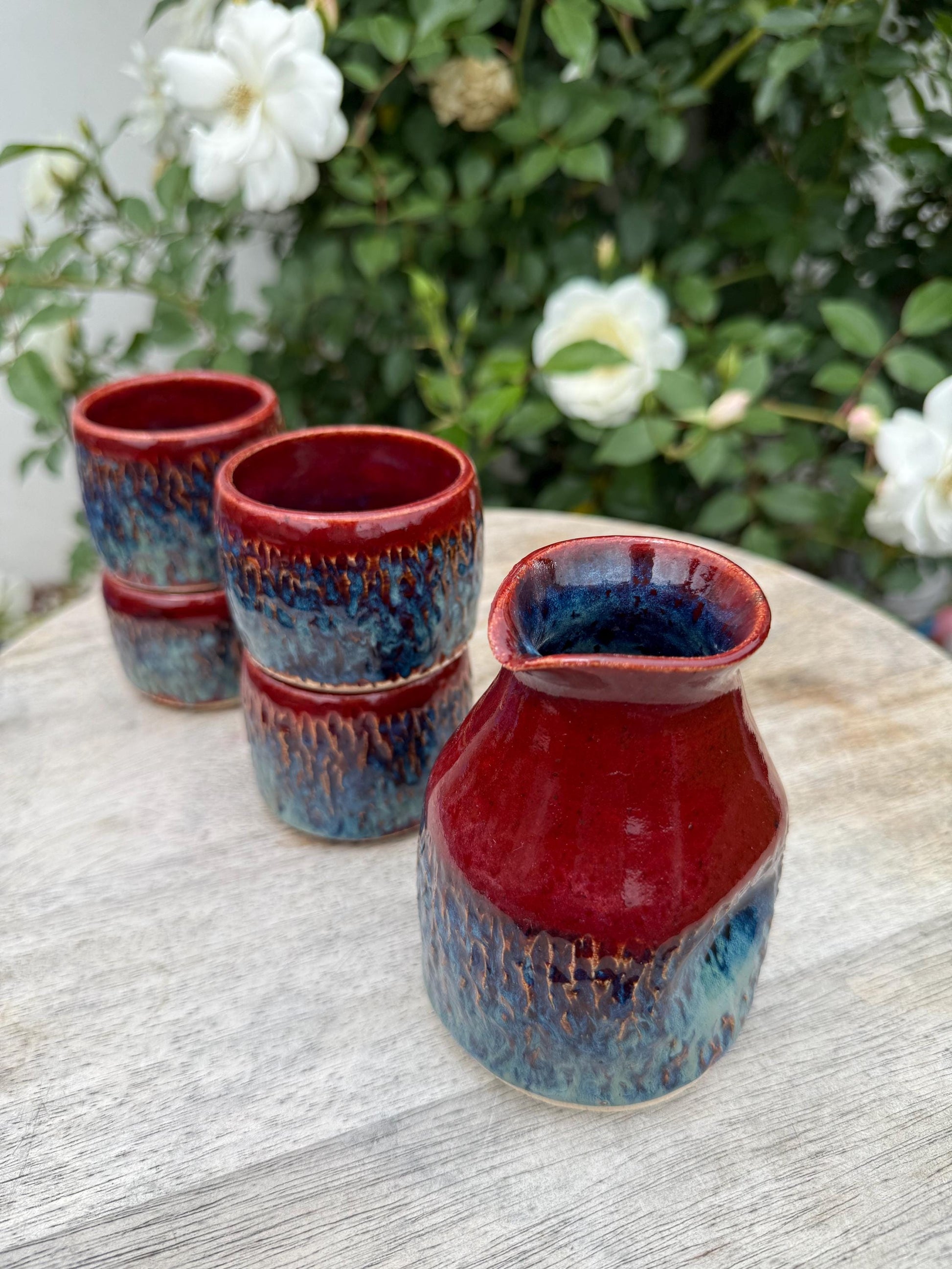 Sake Set with dripless carafe + 4 cups, Sunset Flash, Hand-carved Hand-painted Ceramic