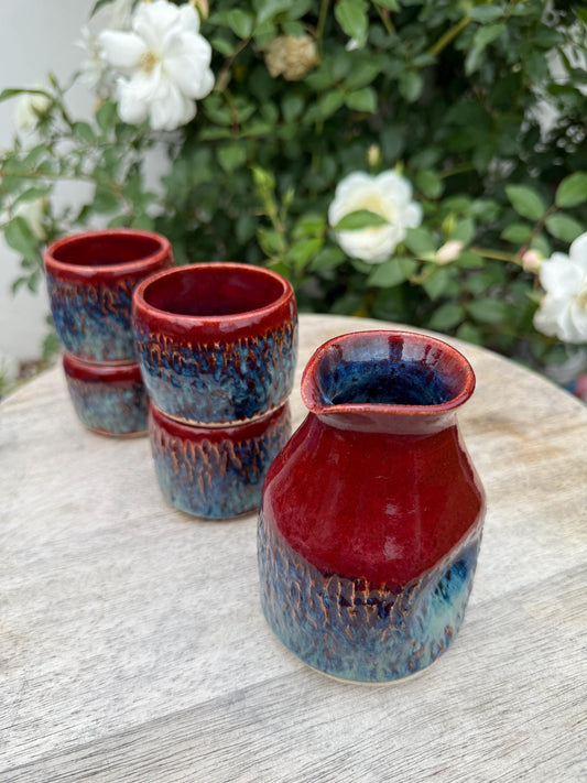 Sake Set with dripless carafe + 4 cups, Sunset Flash, Hand-carved Hand-painted Ceramic