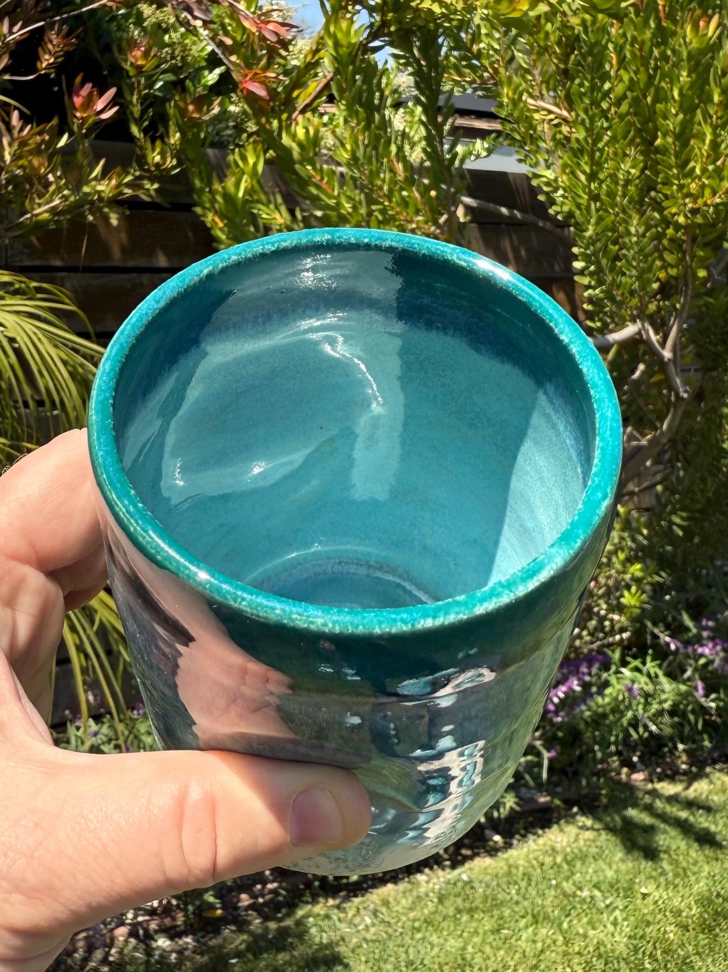 Handmade Beach Wave Grip Cups Set of Two, Handpainted Glazed Stoneware