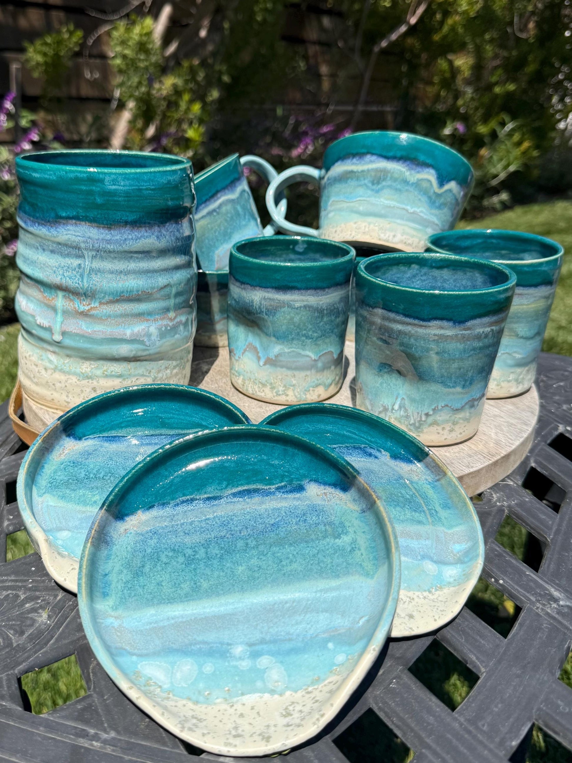 Handmade Beach Wave Grip Cups Set of Two, Handpainted Glazed Stoneware