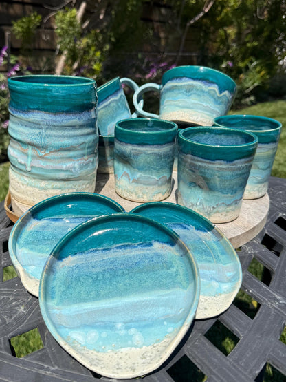 Handmade Beach Wave Grip Cups Set of Two, Handpainted Glazed Stoneware