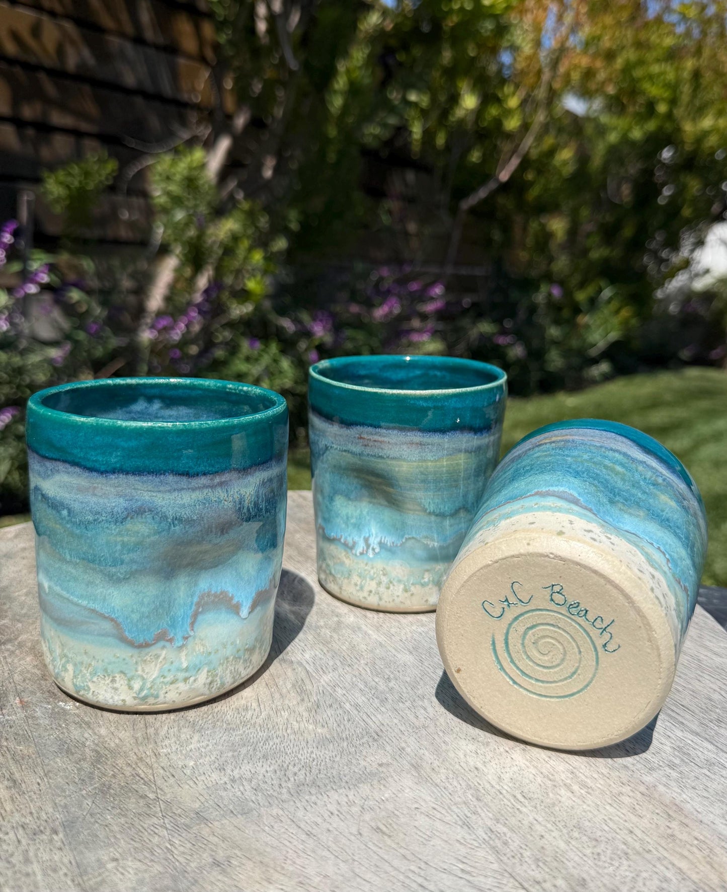 Handmade Beach Wave Grip Cups Set of Two, Handpainted Glazed Stoneware