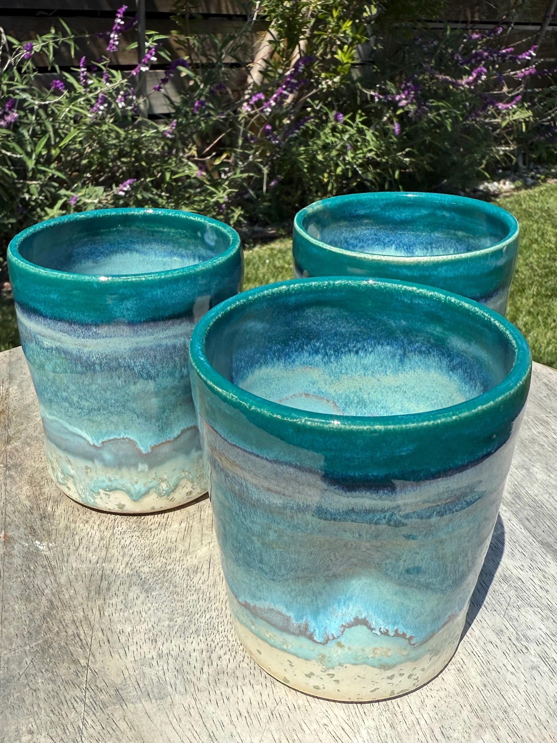 Handmade Beach Wave Grip Cups Set of Two, Handpainted Glazed Stoneware