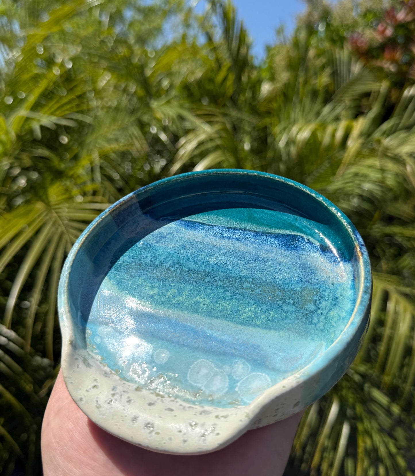 Handmade ceramic spoon rest, handpainted turquoise beach glaze from sand to sea, great small pottery gift, wheel-thrown stoneware kitchen decor and art for your countertop, dishwasher safe - Ceramics By Court