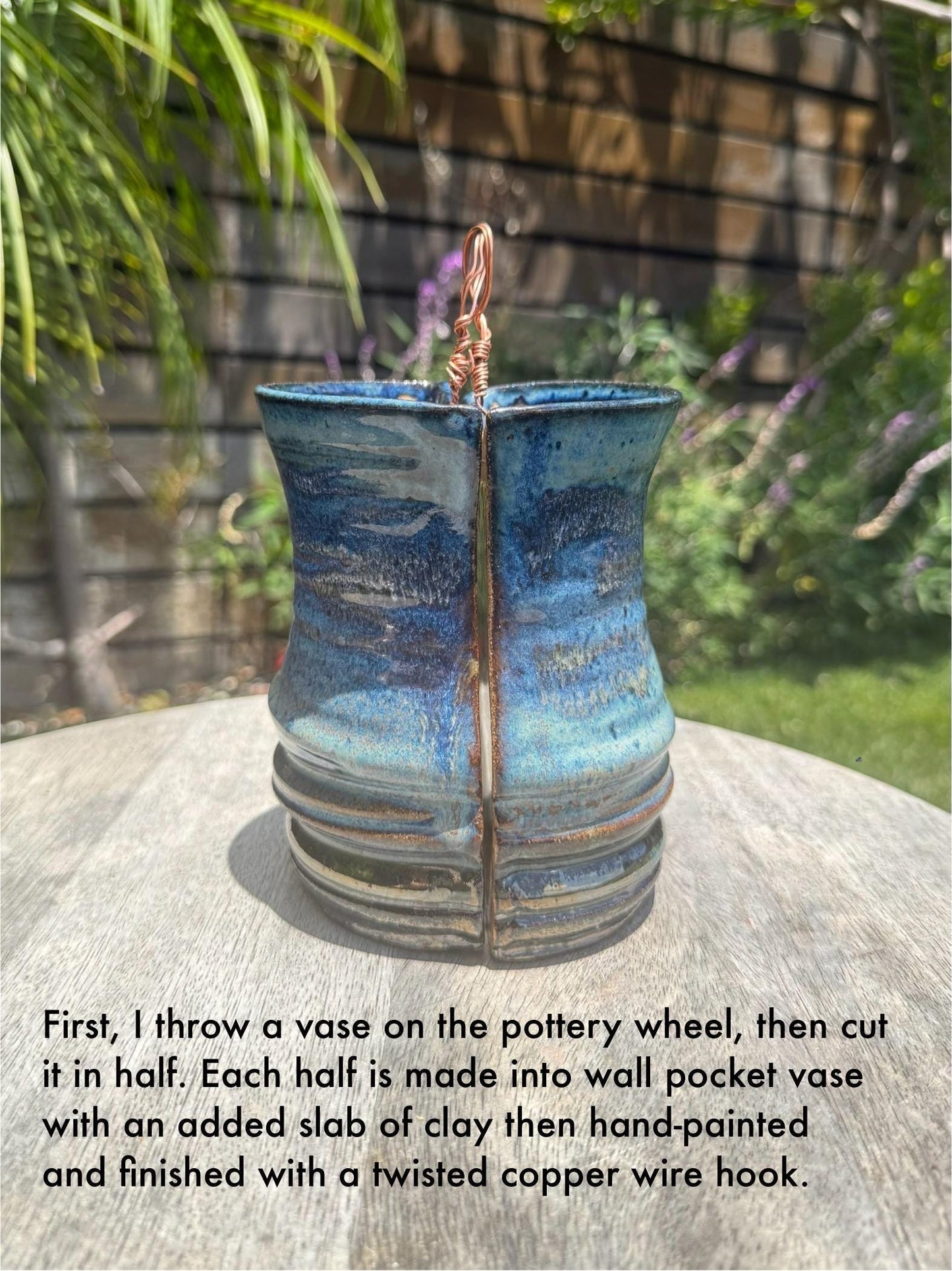Hanging Wall Pocket Vases, Handmade Plant Pots with Copper Wire Hook, Beach Blue Glazed Ceramics — Wheel-thrown Stoneware Pottery