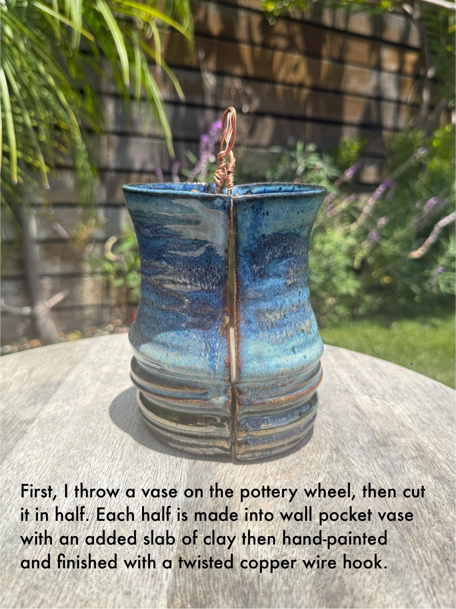 Hanging Wall Pocket Vases, Handmade Plant Pots with Copper Wire Hook, Beach Blue Glazed Ceramics — Wheel-thrown Stoneware Pottery