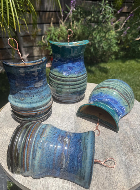 Hanging Wall Pocket Vases, Handmade Plant Pots with Copper Wire Hook, Beach Blue Glazed Ceramics — Wheel-thrown Stoneware Pottery