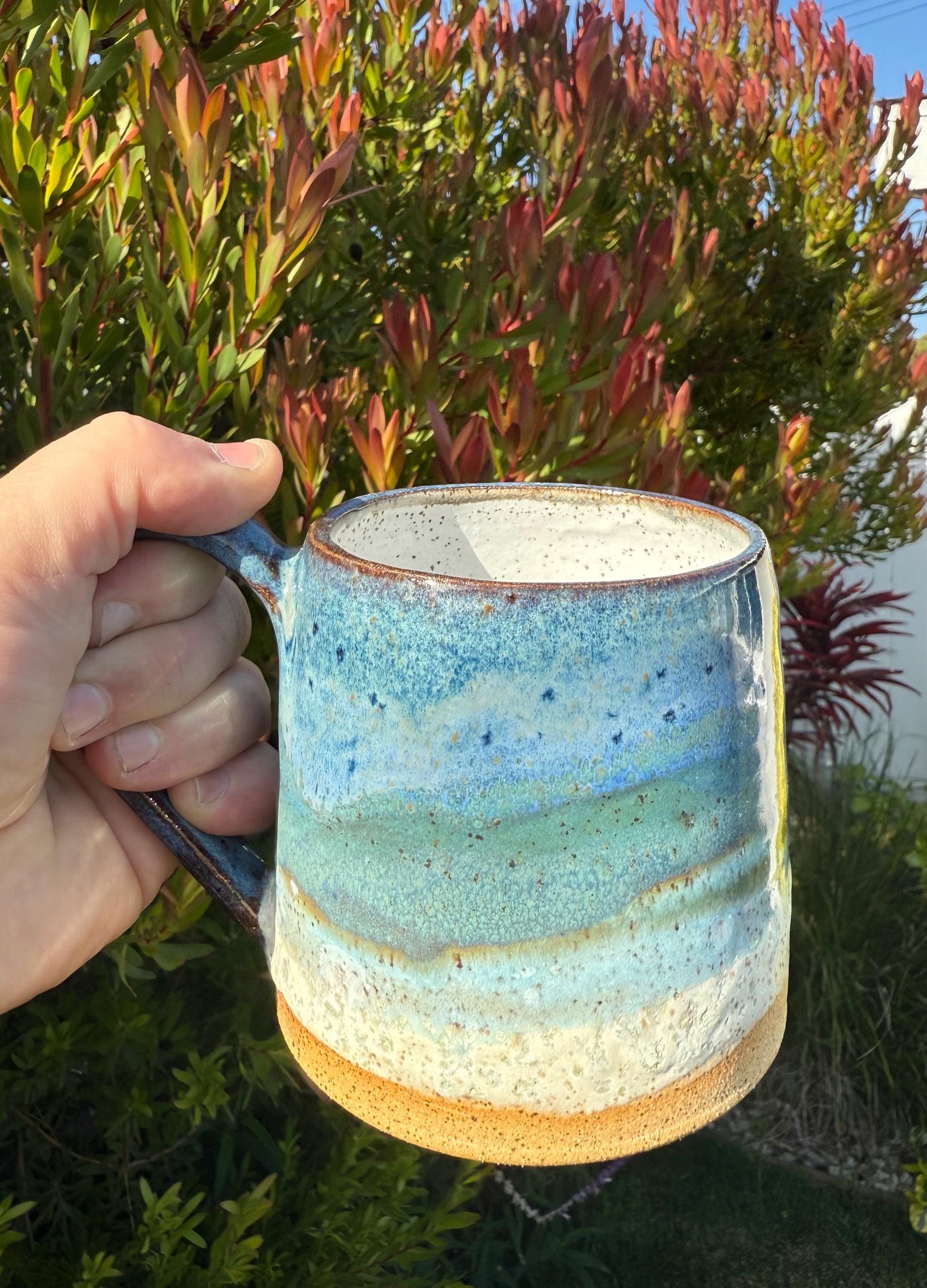 Handmade carved stoneware mug, A-shape coffee cup with stable base and comfortable handle, ocean beach glaze sand to sea - Ceramics By Court