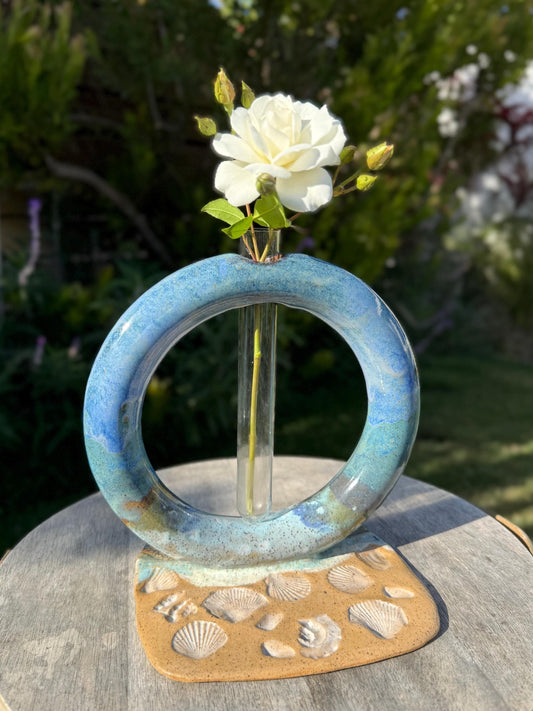 Window to the Beach Handmade Donut Vase, Ceramic Base with Glass Single Stem Tube, Beach inspired Pressed Shells — Wheel-thrown Stoneware