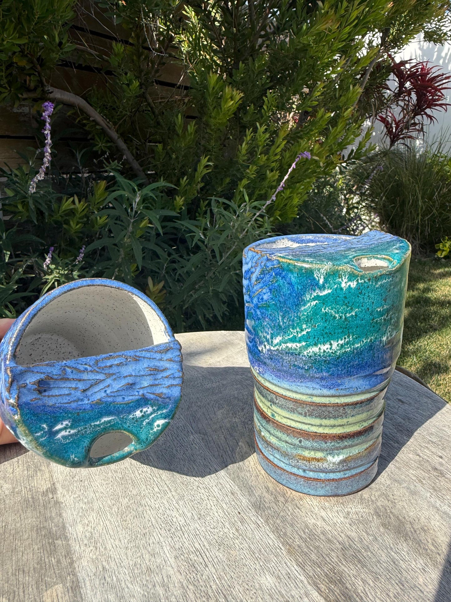 Beach Wave Handmade Travel Coffee Cups, Tall To Go Tea Mug, Handpainted with Blue Turquoise Glazes