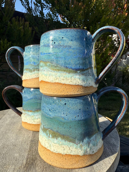 Beach Wave & Speckle Sand Mugs, A-Shaped wider base stable cup with Large Handles, 16 oz Cup, Handpainted